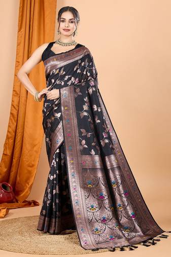 Black zari woven design banarasi saree with unstitched blouse