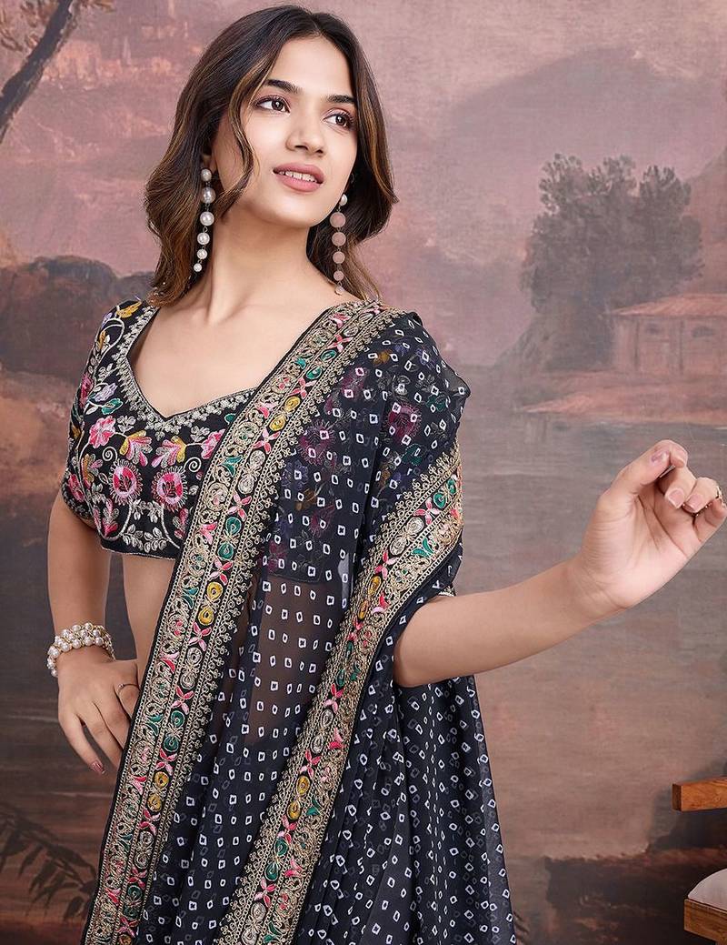 Black bandhani design embroidered saree with blouse piece