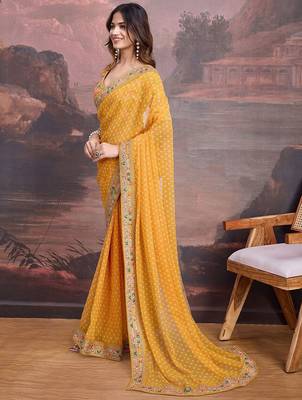 Yellow bandhani design embroidered saree with blouse piece 3