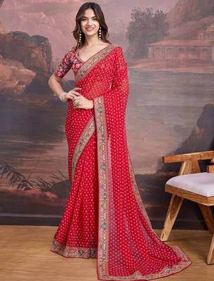Red embroidered bandhani saree with blouse piece 2