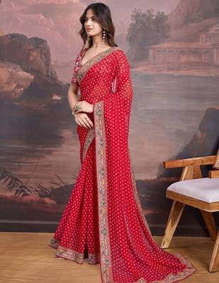 Red embroidered bandhani saree with blouse piece 3