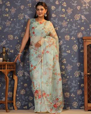 Sea green floral printed gotta patti organza saree 1