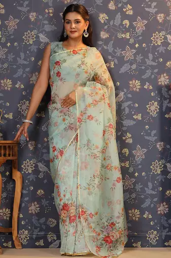 Sea green floral printed gotta patti organza saree