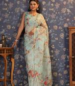 Sea green floral printed gotta patti organza saree