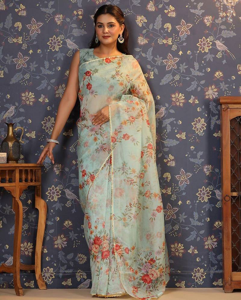 Sea green floral printed gotta patti organza saree