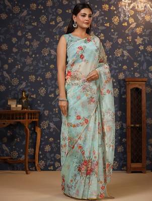 Sea green floral printed gotta patti organza saree 2