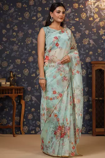 Sea green floral printed gotta patti organza saree