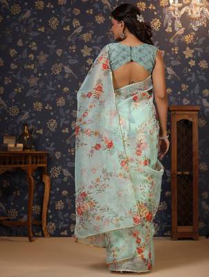 Sea green floral printed gotta patti organza saree 3
