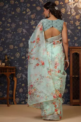 Sea green floral printed gotta patti organza saree