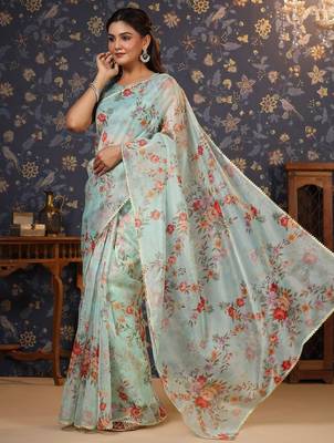 Sea green floral printed gotta patti organza saree 4