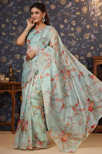 Sea green floral printed gotta patti organza saree