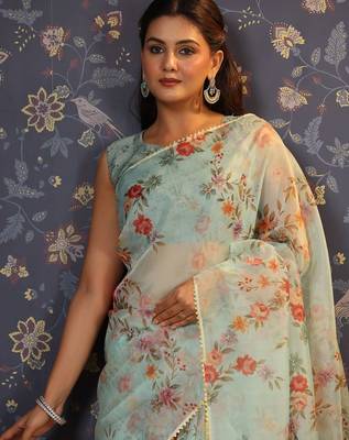 Sea green floral printed gotta patti organza saree 5