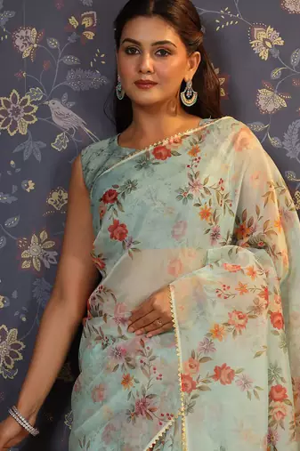 Sea green floral printed gotta patti organza saree
