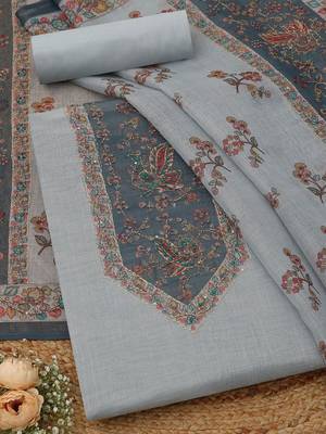 floral printed linen beads and stones unstitched dress material 1