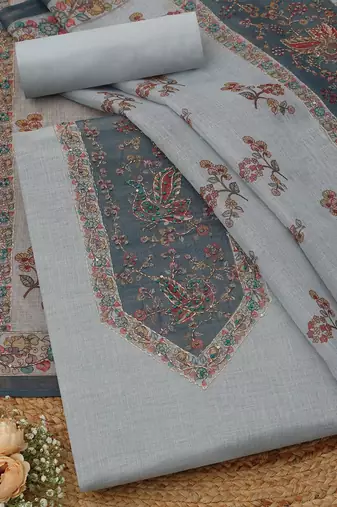 floral printed linen beads and stones unstitched dress material