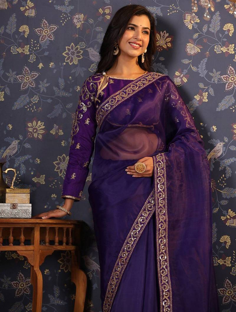 Violet embellished sequinned pure organza saree