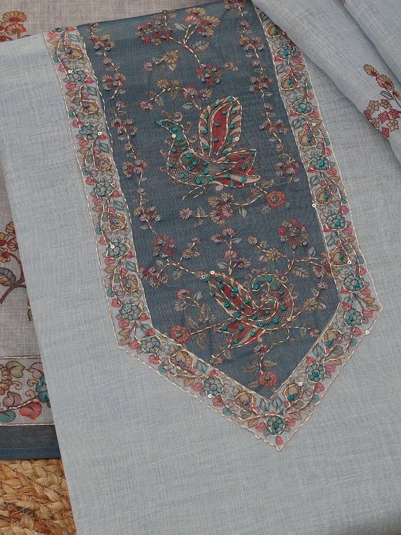 floral printed linen beads and stones unstitched dress material