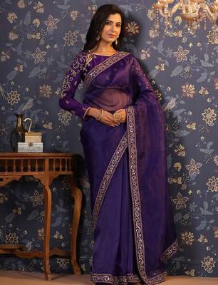 Violet embellished sequinned pure organza saree 2
