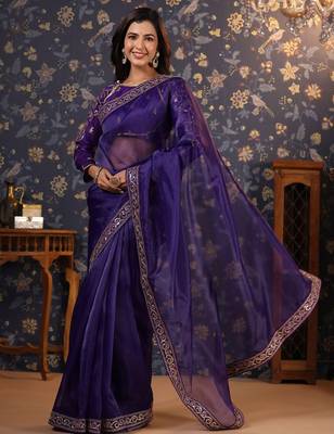 Violet embellished sequinned pure organza saree 3