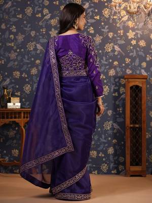 Violet embellished sequinned pure organza saree 4