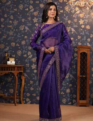 Violet embellished sequinned pure organza saree 5