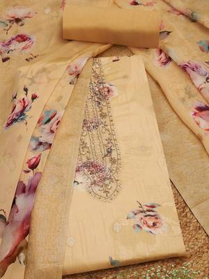 floral printed sequinned organza unstitched dress material 1