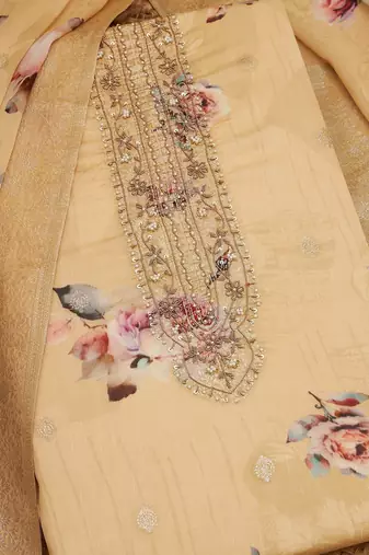 floral printed sequinned organza unstitched dress material