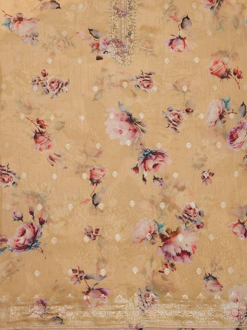 floral printed sequinned organza unstitched dress material