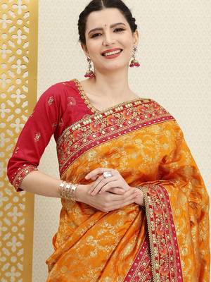 Mustard mustard yellow & red floral zari silk blend banarasi saree 2