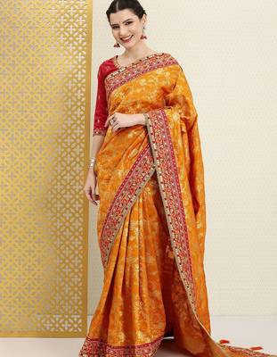 Mustard mustard yellow & red floral zari silk blend banarasi saree 3
