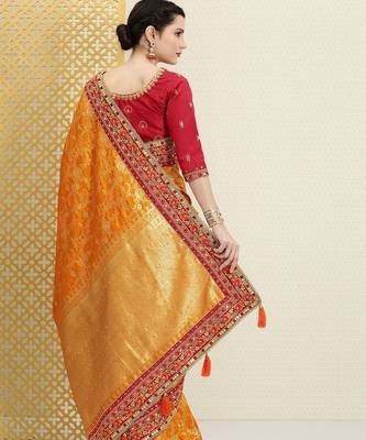 Mustard mustard yellow & red floral zari silk blend banarasi saree 4