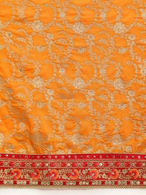 Mustard mustard yellow & red floral zari silk blend banarasi saree 5