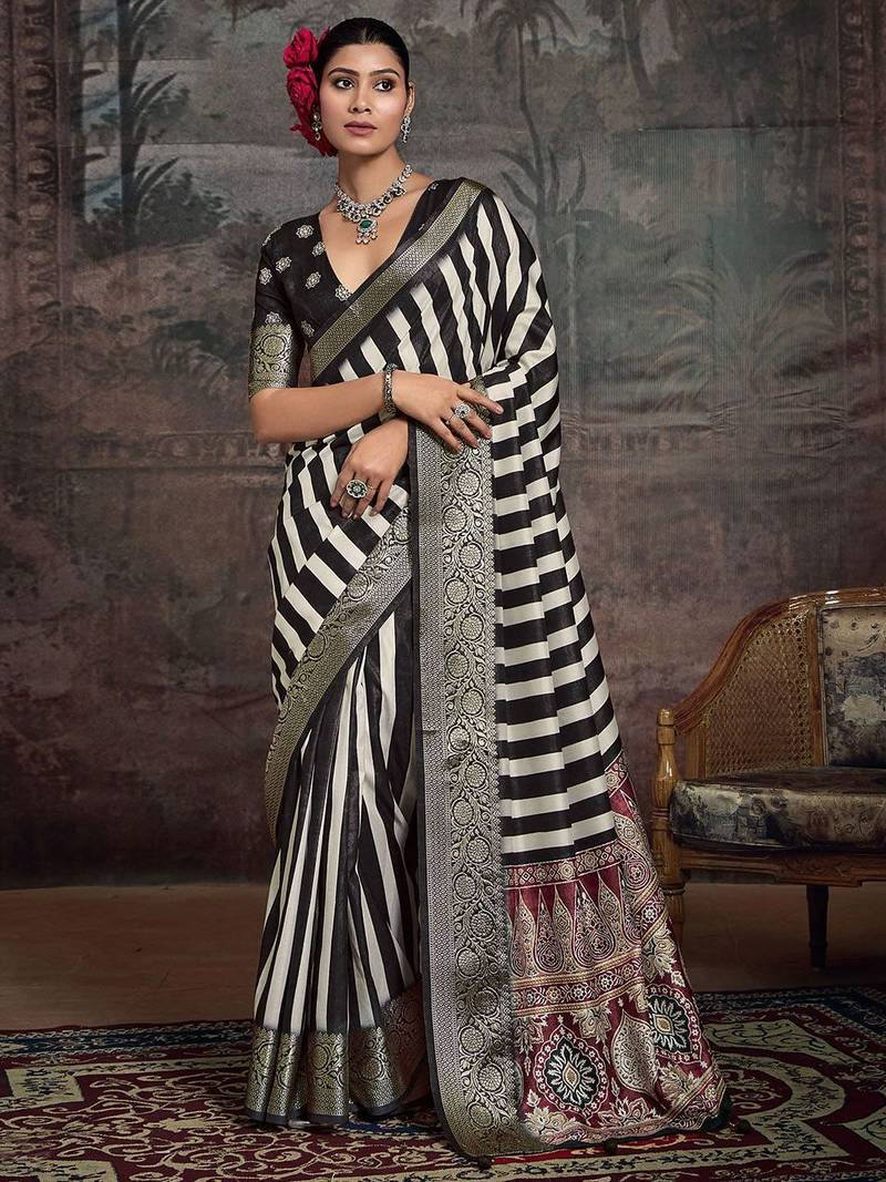 Black striped banarasi saree