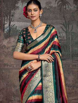 Green striped zari banarasi saree 5