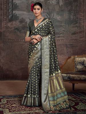 Green ethnic motifs printed zari banarasi saree 1