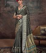 Green ethnic motifs printed zari banarasi saree