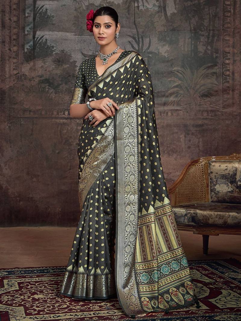 Green ethnic motifs printed zari banarasi saree