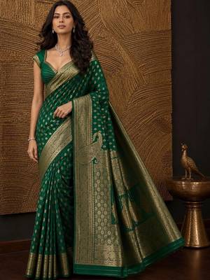 Green paisley zari silk blend banarasi saree 1
