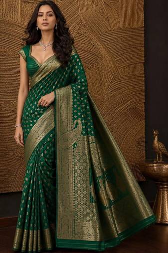 Green paisley zari silk blend banarasi saree