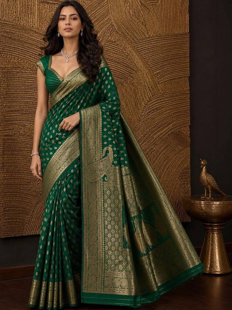Green paisley zari silk blend banarasi saree
