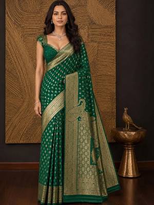 Green paisley zari silk blend banarasi saree 2