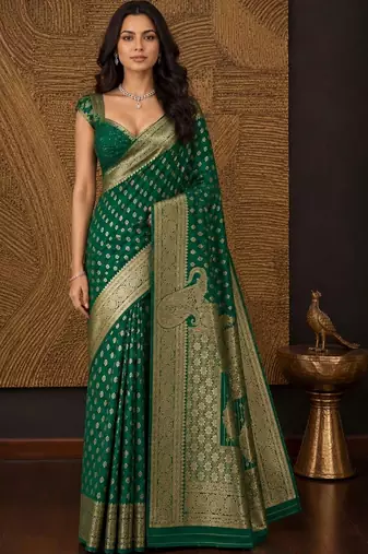 Green paisley zari silk blend banarasi saree