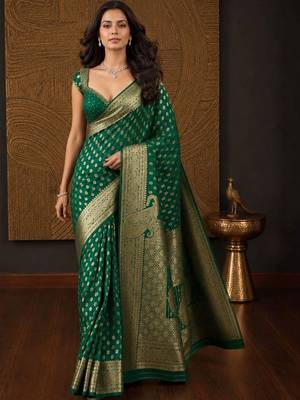 Green paisley zari silk blend banarasi saree 3