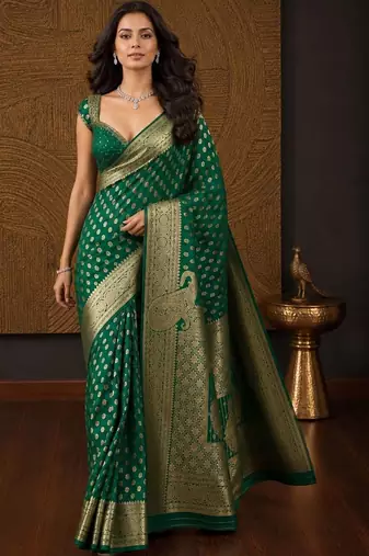 Green paisley zari silk blend banarasi saree