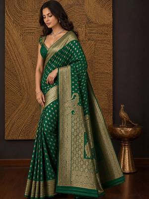 Green paisley zari silk blend banarasi saree 4