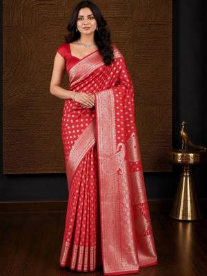 Red woven design zari silk blend banarasi saree 1
