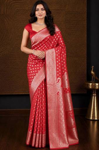 Red woven design zari silk blend banarasi saree