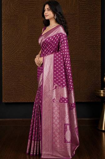 Pink woven design zari silk blend banarasi saree