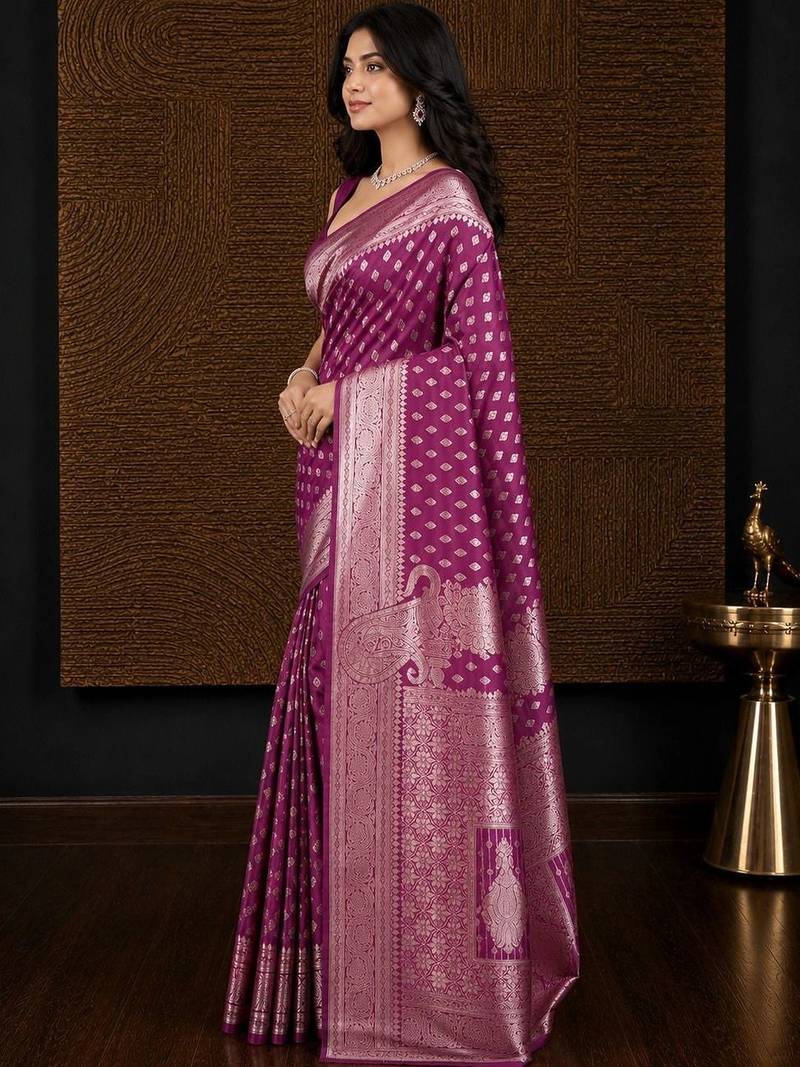 Pink woven design zari silk blend banarasi saree