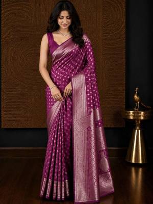Pink woven design zari silk blend banarasi saree 3